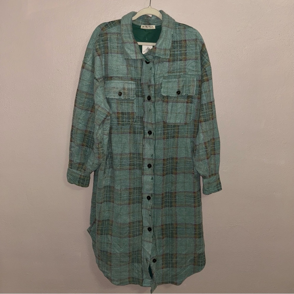 We The Free Sage Green Plaid Long Shacket - Picture 2 of 4